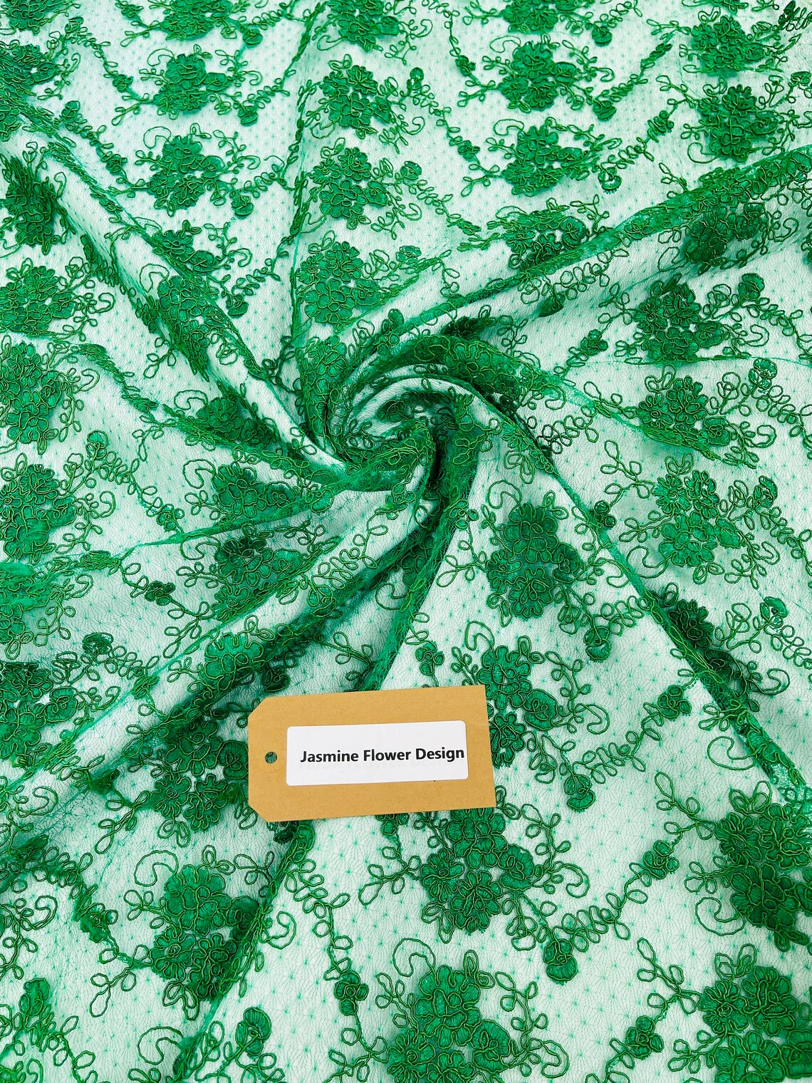 Embroidered Flower Fabric - Emerald Green - Floral Design Scalloped Border Fabric By Yard