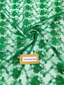 Embroidered Flower Fabric - Emerald Green - Floral Design Scalloped Border Fabric By Yard