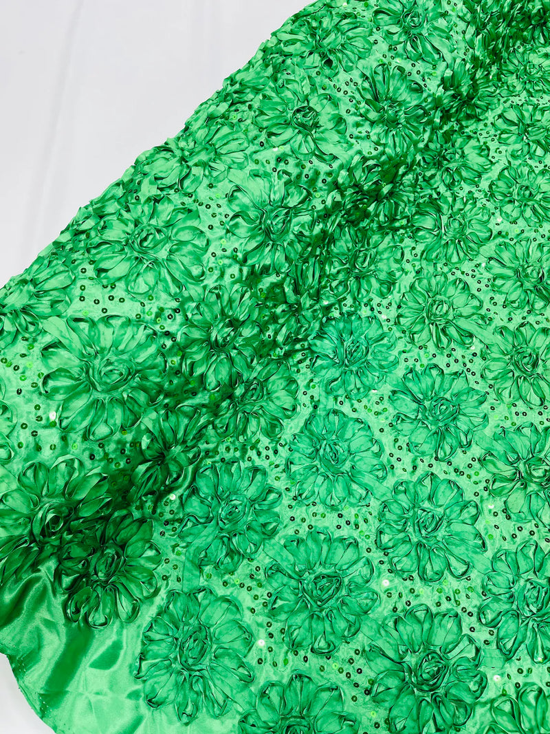 Satin Rosette Sequins Fabric - Emerald Green - 3D Rosette Satin Rose Fabric with Sequins By Yard