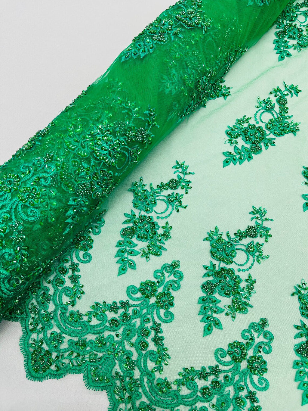 Beaded Floral Fabric - Emerald Green - Embroidered Flower Cluster Beaded Fabric Sold By Yard