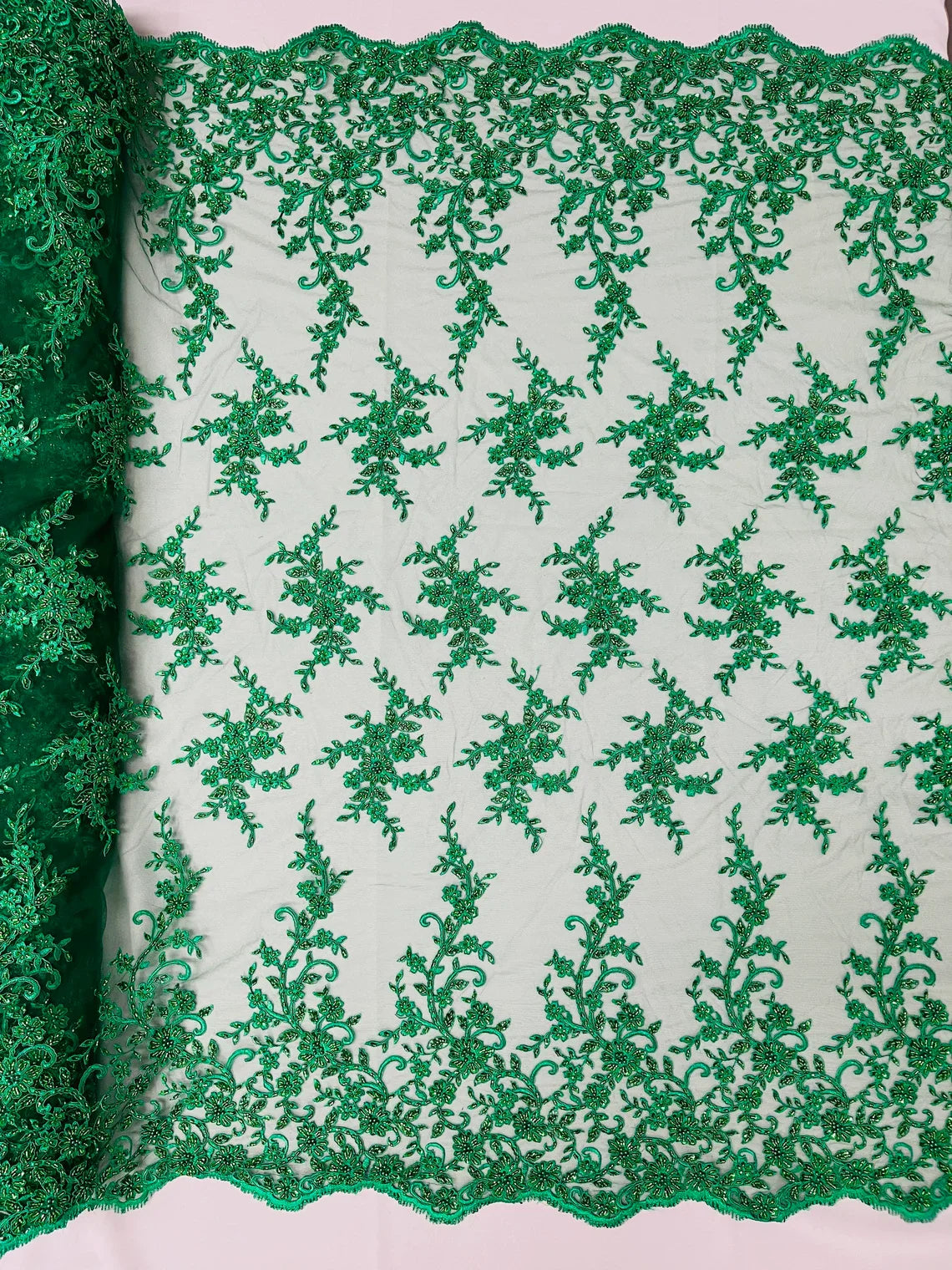 Beaded Floral Cluster - Emerald Green - Fancy Embroidered Glamorous Floral Design Sold by Yard
