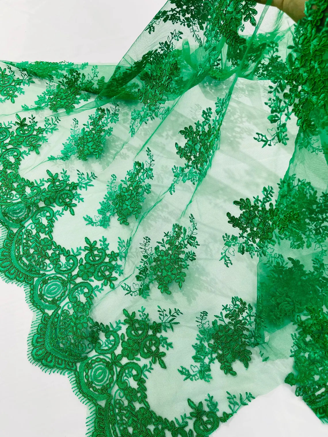 Floral Damask Lace Fabric - Emerald Green - Embroidered Damask Flowers on Lace Fabric By Yard