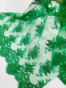 Floral Damask Lace Fabric - Emerald Green - Embroidered Damask Flowers on Lace Fabric By Yard