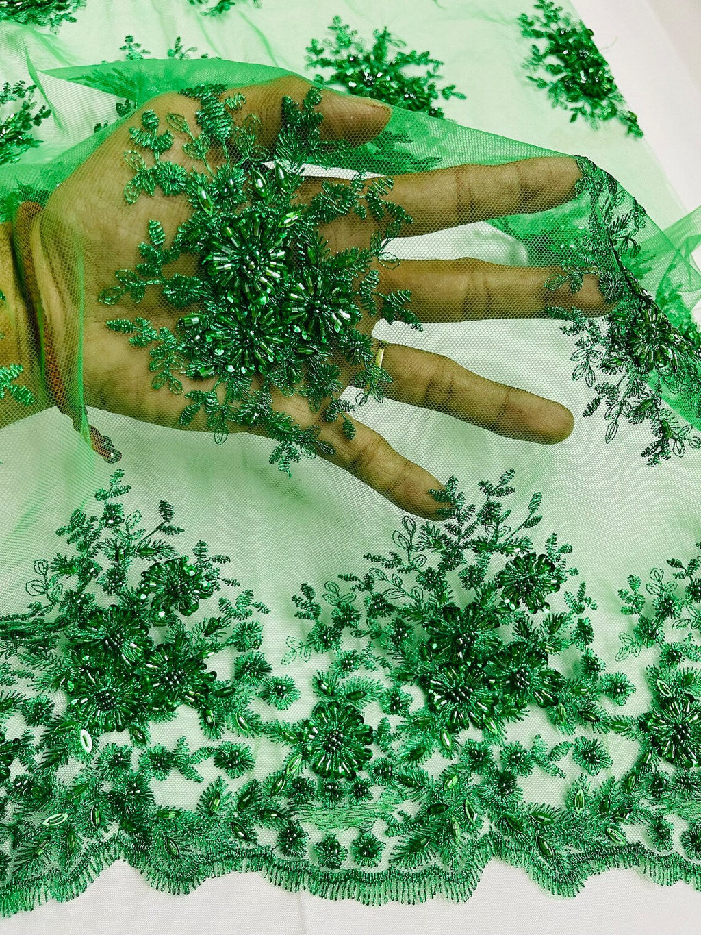 Beaded Flower Cluster Fabric - Emerald Green - Beaded Floral Gaviota Design Embroidered On Mesh Sold By Yard