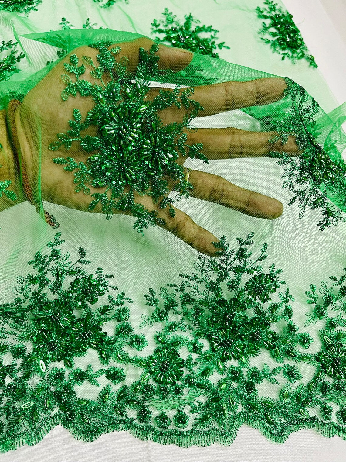 Beaded Flower Cluster Fabric - Emerald Green - Beaded Floral Gaviota Design Embroidered On Mesh Sold By Yard