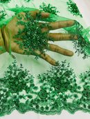 Beaded Flower Cluster Fabric - Emerald Green - Beaded Floral Gaviota Design Embroidered On Mesh Sold By Yard