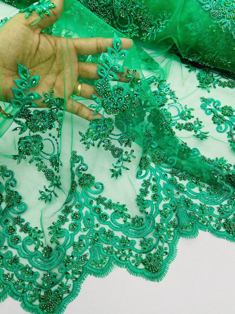 Beaded Floral Fabric - Emerald Green - Embroidered Flower Cluster Beaded Fabric Sold By Yard