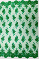 Floral Damask Lace Fabric - Emerald Green - Embroidered Damask Flowers on Lace Fabric By Yard