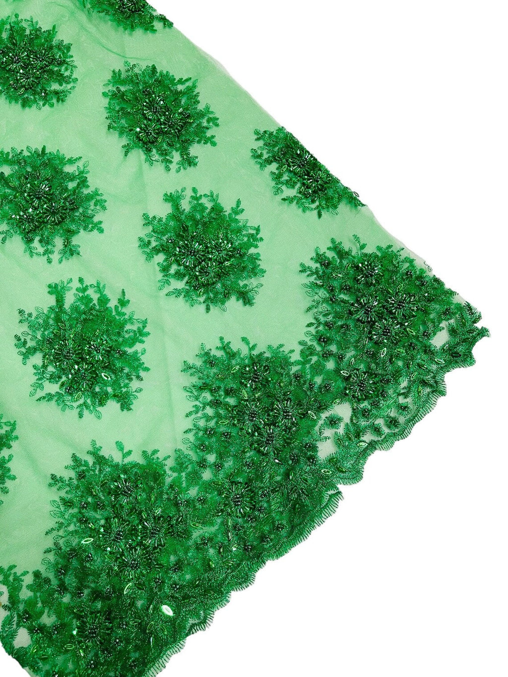Beaded Flower Cluster Fabric - Emerald Green - Beaded Floral Gaviota Design Embroidered On Mesh Sold By Yard