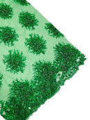 Beaded Flower Cluster Fabric - Emerald Green - Beaded Floral Gaviota Design Embroidered On Mesh Sold By Yard
