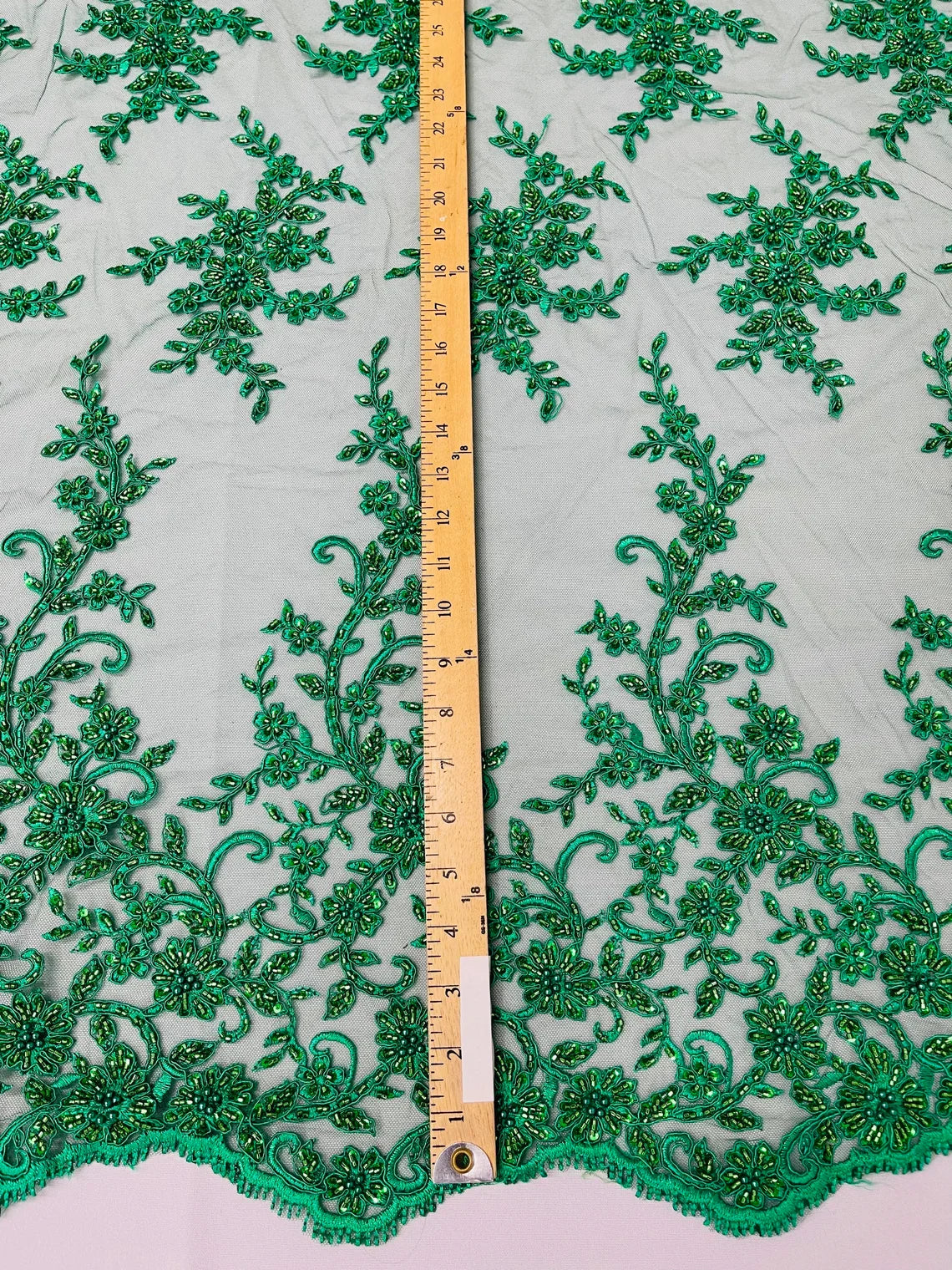 Beaded Floral Cluster - Emerald Green - Fancy Embroidered Glamorous Floral Design Sold by Yard
