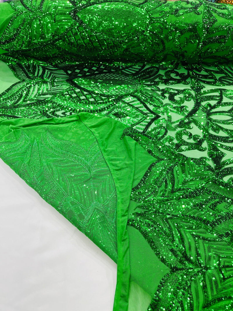 Emerald Green Iridescent - 4 Way Stretch Embroidered Royalty Sequins Design Fabric By Yard