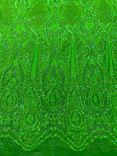 4 Way Stretch Fabric - Emerald Green - Embroidered Pattern Design Sequins Fabric on Mesh By Yard