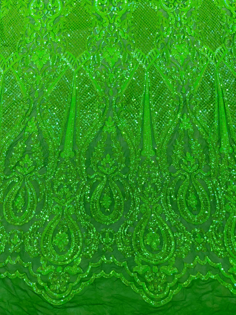 4 Way Stretch Fabric - Emerald Green - Embroidered Pattern Design Sequins Fabric on Mesh By Yard
