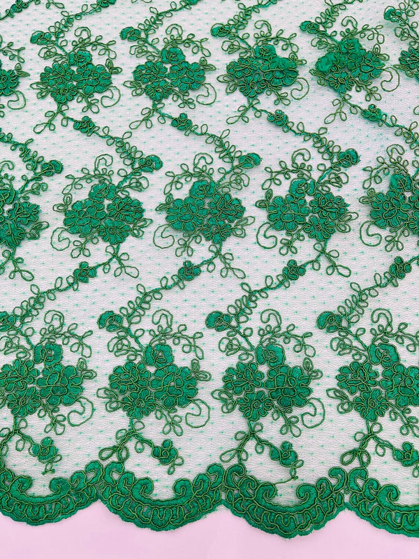 Embroidered Flower Fabric - Emerald Green - Floral Design Scalloped Border Fabric By Yard