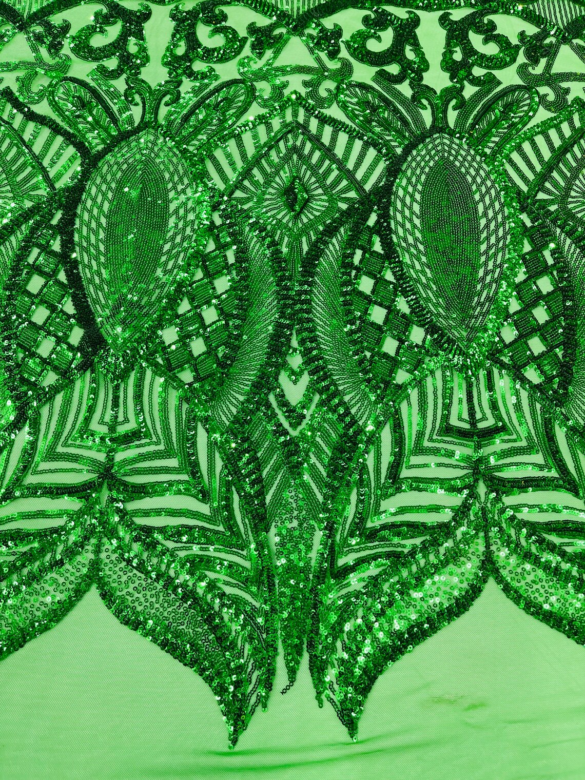 Emerald Green Iridescent - 4 Way Stretch Embroidered Royalty Sequins Design Fabric By Yard