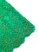 Floral Damask Lace Fabric - Emerald Green - Embroidered Damask Flowers on Lace Fabric By Yard