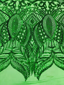 Emerald Green Iridescent - 4 Way Stretch Embroidered Royalty Sequins Design Fabric By Yard