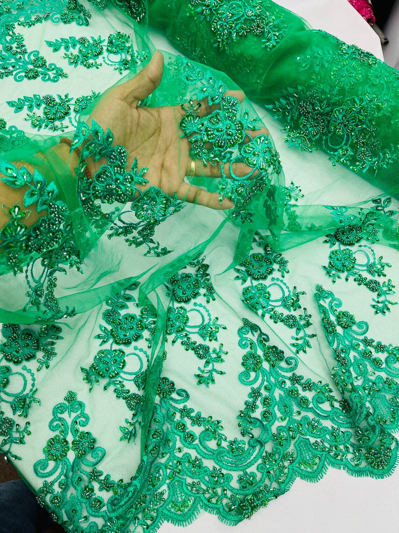 Beaded Floral Fabric - Emerald Green - Embroidered Flower Cluster Beaded Fabric Sold By Yard