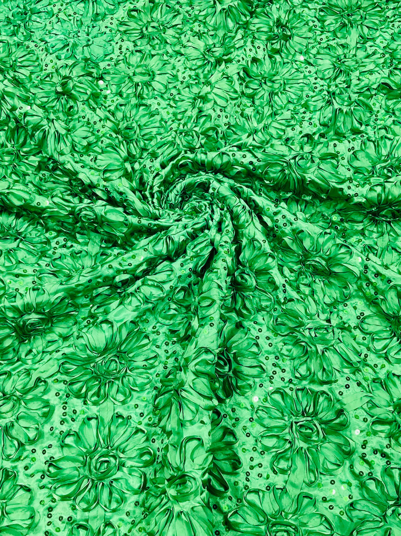 Satin Rosette Sequins Fabric - Emerald Green - 3D Rosette Satin Rose Fabric with Sequins By Yard