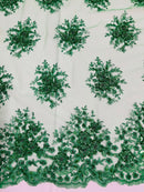Beaded Flower Cluster Fabric - Emerald Green - Beaded Floral Gaviota Design Embroidered On Mesh Sold By Yard