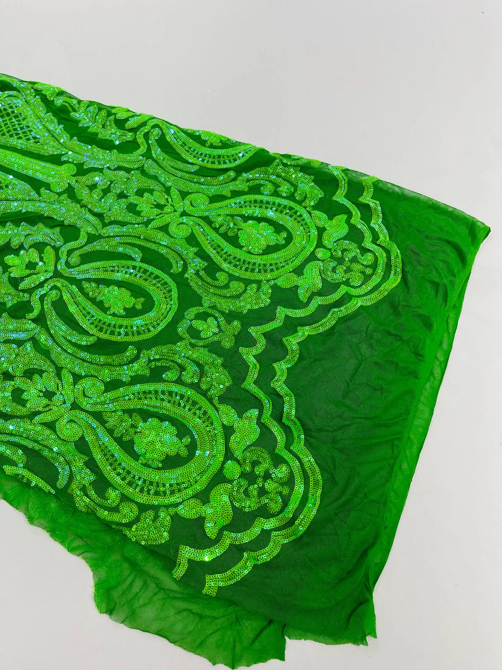 4 Way Stretch Fabric - Emerald Green - Embroidered Pattern Design Sequins Fabric on Mesh By Yard