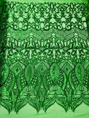 Emerald Green Iridescent - 4 Way Stretch Embroidered Royalty Sequins Design Fabric By Yard