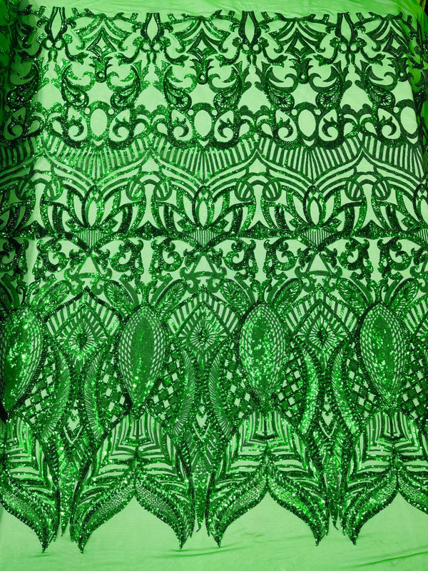 Emerald Green Iridescent - 4 Way Stretch Embroidered Royalty Sequins Design Fabric By Yard