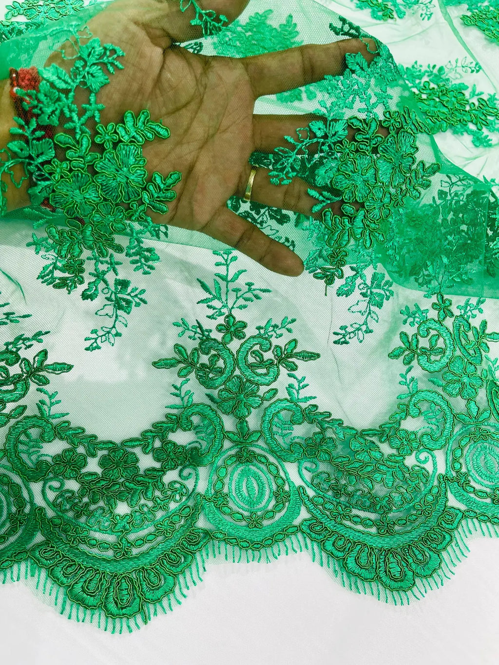 Floral Damask Lace Fabric - Emerald Green - Embroidered Damask Flowers on Lace Fabric By Yard