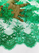 Floral Damask Lace Fabric - Emerald Green - Embroidered Damask Flowers on Lace Fabric By Yard