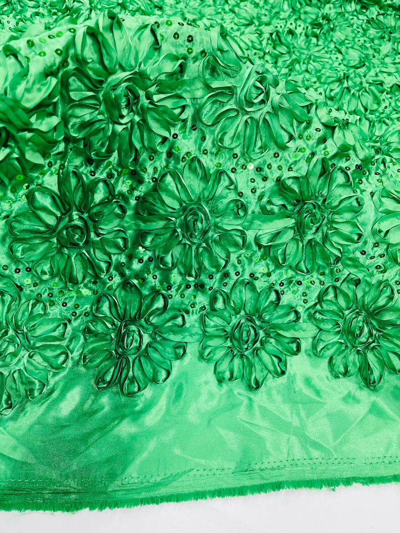 Satin Rosette Sequins Fabric - Emerald Green - 3D Rosette Satin Rose Fabric with Sequins By Yard