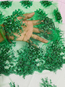 Beaded Flower Cluster Fabric - Emerald Green - Beaded Floral Gaviota Design Embroidered On Mesh Sold By Yard