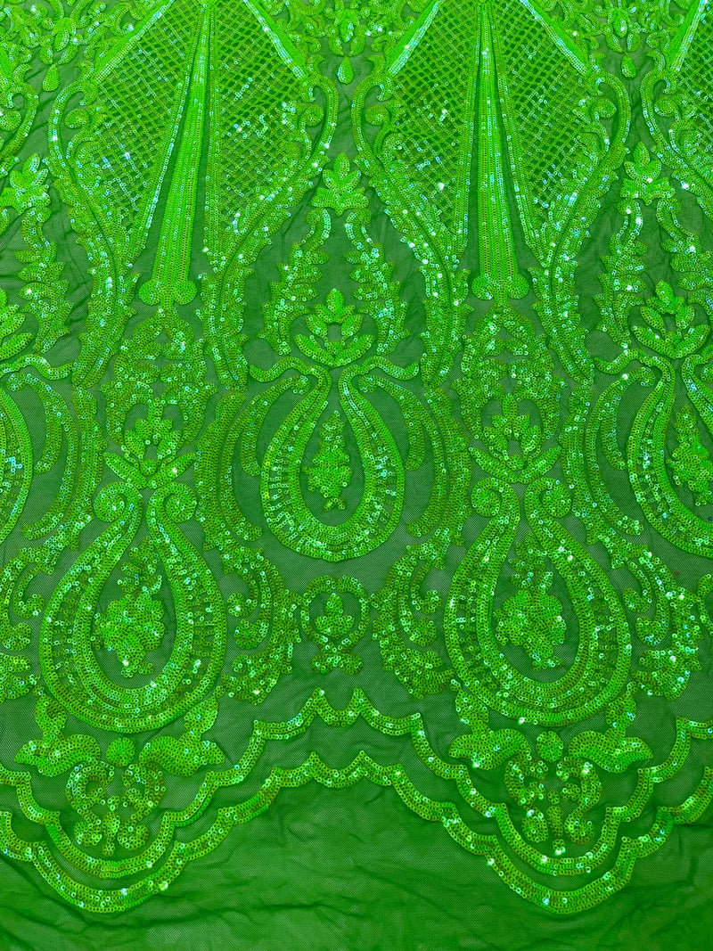 4 Way Stretch Fabric - Emerald Green - Embroidered Pattern Design Sequins Fabric on Mesh By Yard