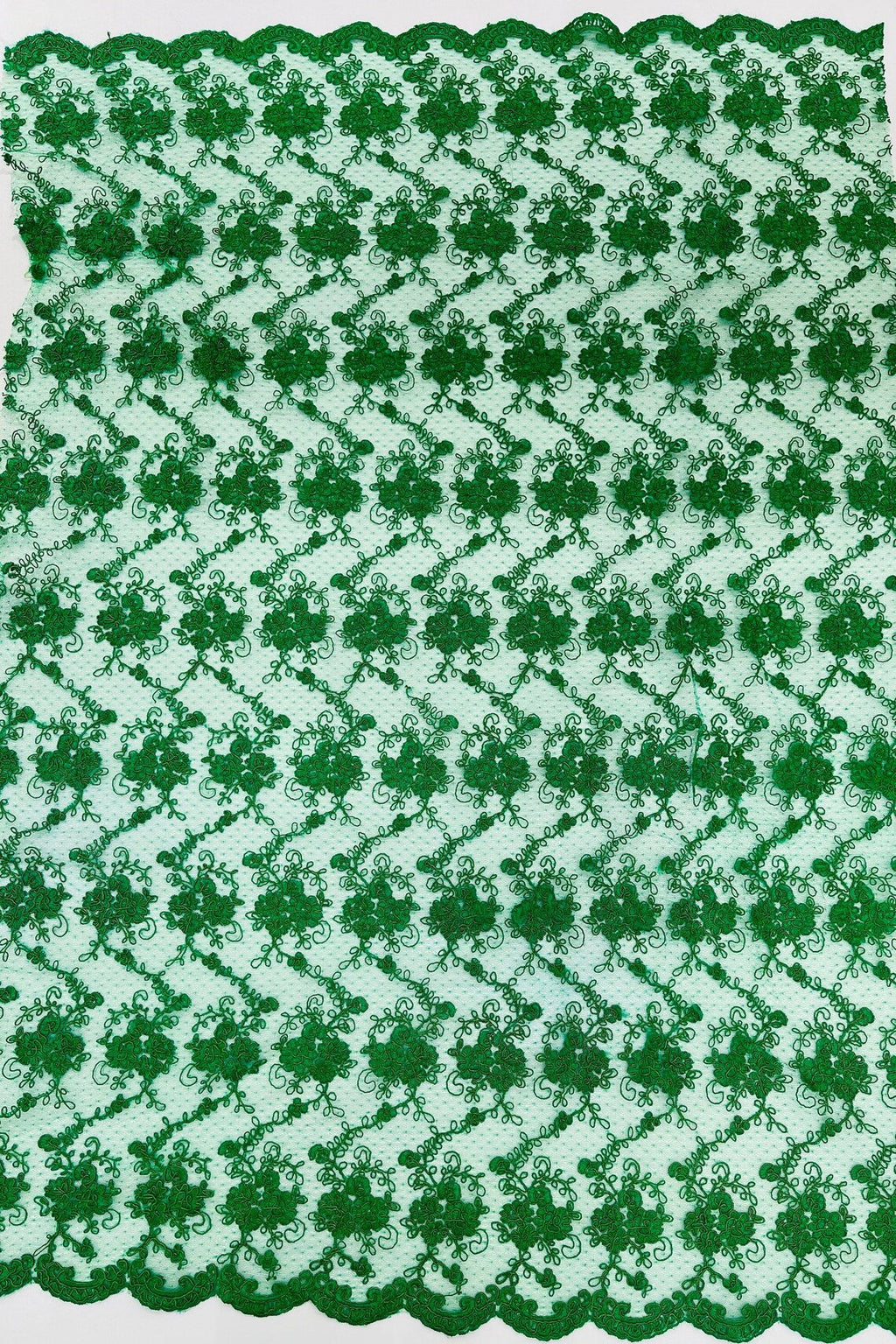 Embroidered Flower Fabric - Emerald Green - Floral Design Scalloped Border Fabric By Yard