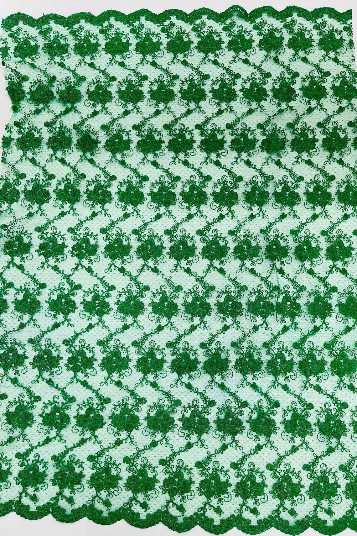 Embroidered Flower Fabric - Emerald Green - Floral Design Scalloped Border Fabric By Yard