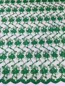 Embroidered Flower Fabric - Emerald Green - Floral Design Scalloped Border Fabric By Yard