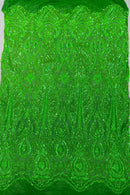 4 Way Stretch Fabric - Emerald Green - Embroidered Pattern Design Sequins Fabric on Mesh By Yard