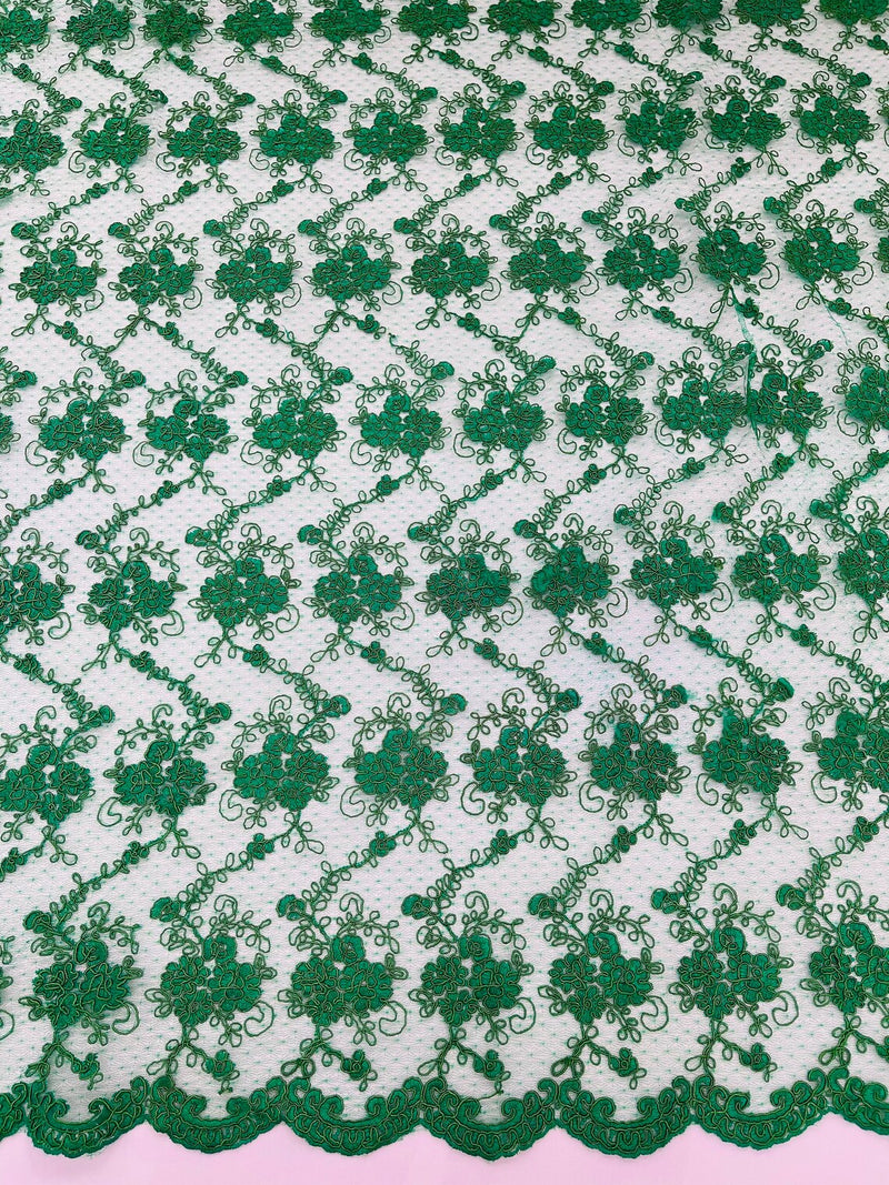 Embroidered Flower Fabric - Emerald Green - Floral Design Scalloped Border Fabric By Yard