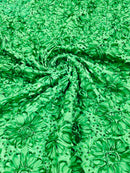Satin Rosette Sequins Fabric - Emerald Green - 3D Rosette Satin Rose Fabric with Sequins By Yard