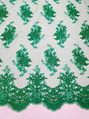 Floral Damask Lace Fabric - Emerald Green - Embroidered Damask Flowers on Lace Fabric By Yard