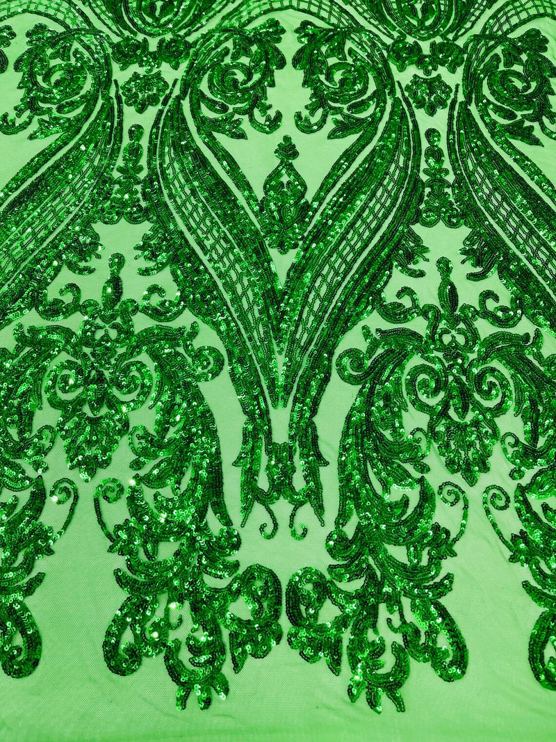 Big Damask Sequins Fabric - Emerald Green - 4 Way Stretch Damask Sequins Design Fabric By Yard