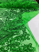 Big Damask Sequins Fabric - Emerald Green - 4 Way Stretch Damask Sequins Design Fabric By Yard