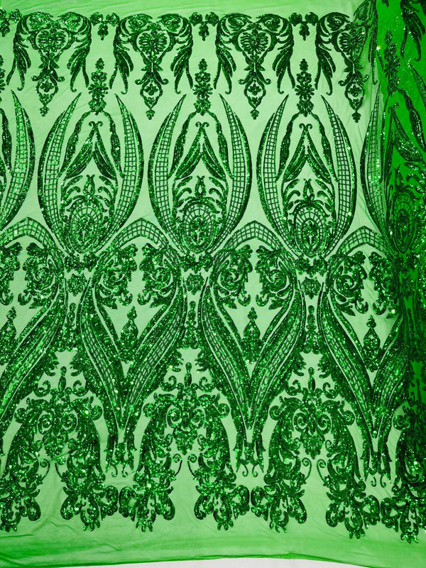 Big Damask Sequins Fabric - Emerald Green - 4 Way Stretch Damask Sequins Design Fabric By Yard