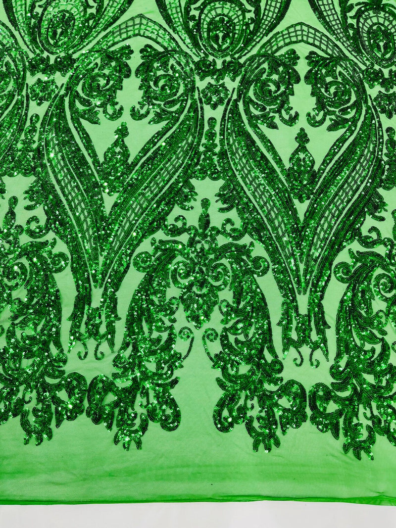 Big Damask Sequins Fabric - Emerald Green - 4 Way Stretch Damask Sequins Design Fabric By Yard