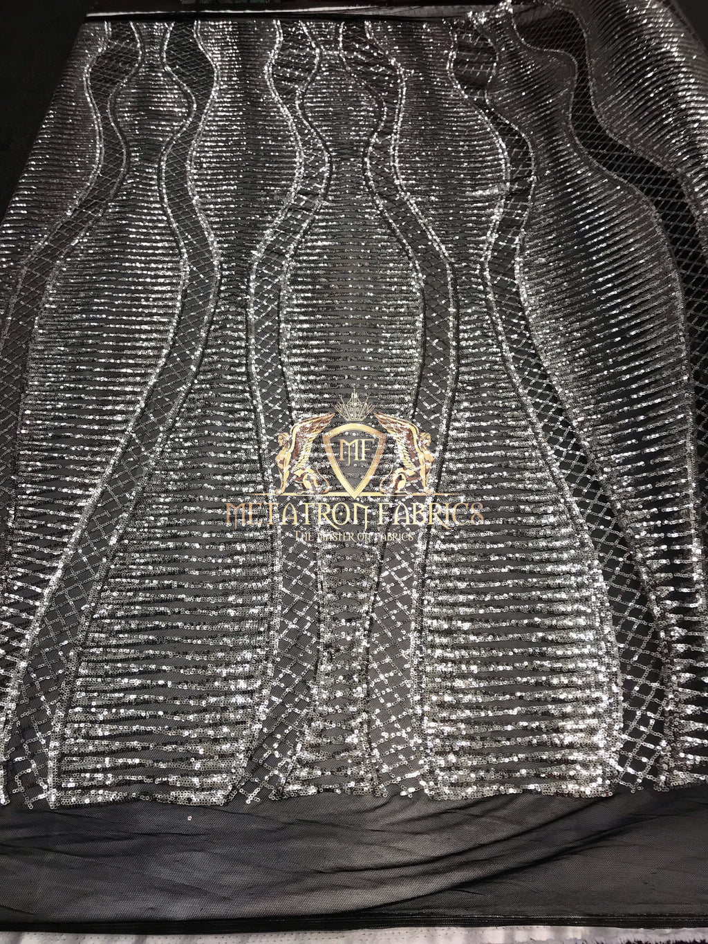 4 Way Stretch - Black and Silver - Horizontal Line Design Sequins On Stretch Mesh By The Yard