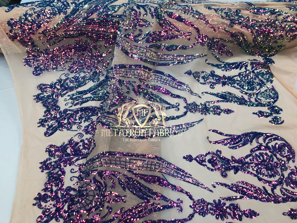 Big Damask Sequins Fabric - Purple - 4 Way Stretch Damask Sequins Design Fabric By Yard