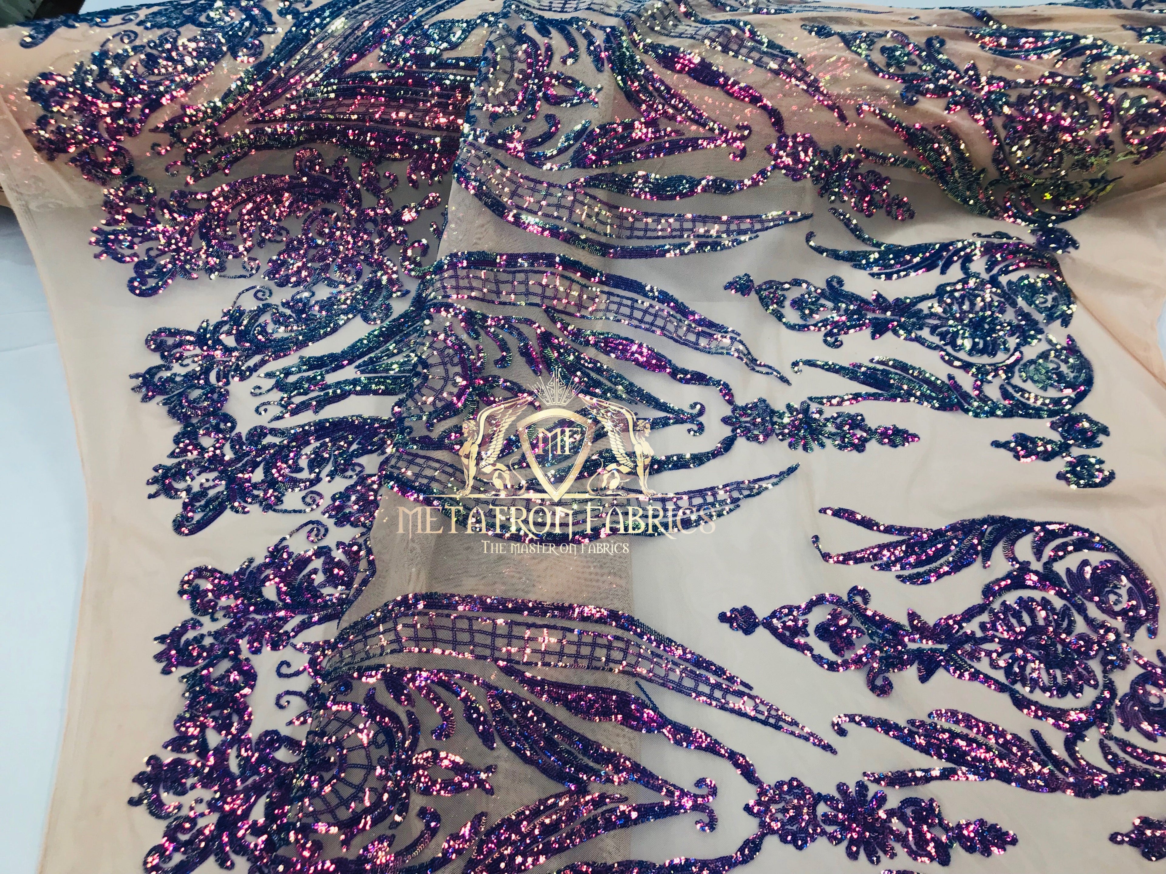 Big Damask Sequins Fabric - Purple - 4 Way Stretch Damask Sequins Design Fabric By Yard
