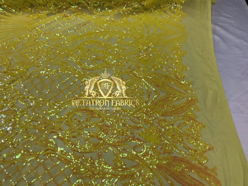 Iridescent Sequins - Yellow - 4 Way Stretch Damask Design Fabric On Stretch Mesh By The Yard