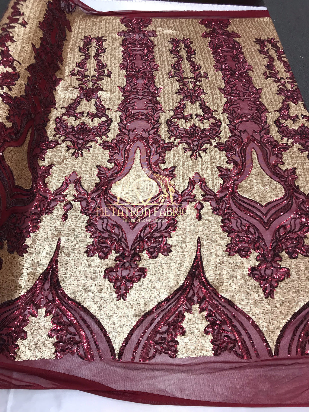 4 Way Stretch - Burgundy and Gold - Two Tone Flower Design Sequins On Stretch Mesh By The Yard