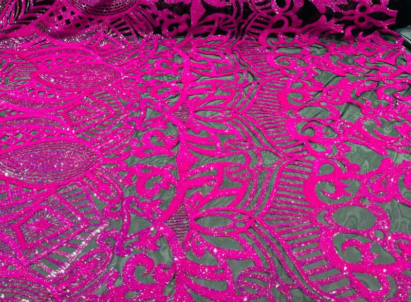 6 Yards Hot Pink Iridescent  - 4 Way Stretch Embroidered Royalty Sequins Design Fabric